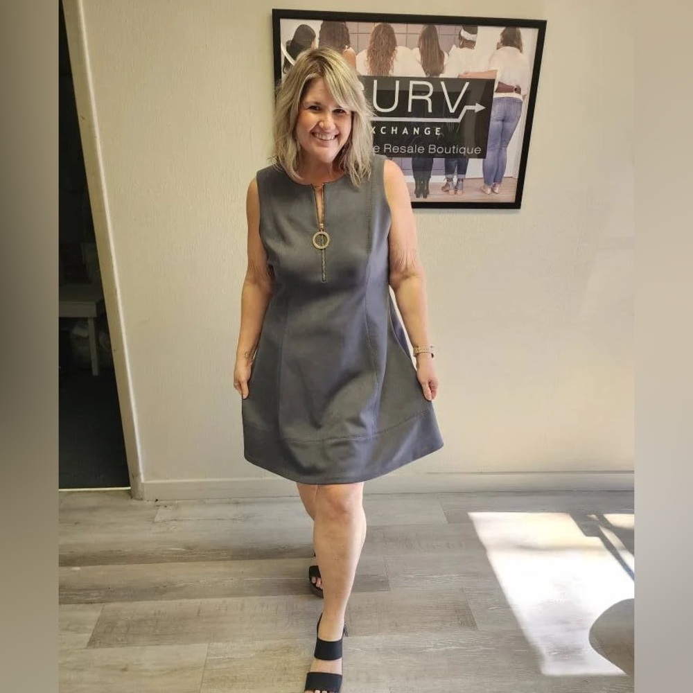 DKNY Gray Zip-Front Suede Dress - Size 14